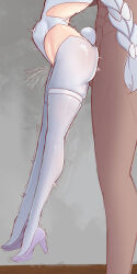 1boy 1girl absurdres arched_back azur_lane bar_censor censored cum dlinne ejaculation fake_tail female_ejaculation female_ejaculation_while_penetrated from_behind hanging_legs hetero high_heels highres large_penis le_malin_(azur_lane) le_malin_(listless_lapin)_(azur_lane) leotard long_hair navel pantyhose penis playboy_bunny ponytail pussy_juice quiver reverse_suspended_congress sex sex_from_behind simple_background stomach_bulge tail thigh_strap trembling twintails very_long_hair white_hair white_pantyhose