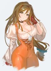 1girl absurdres black_choker blush breasts brown_eyes brown_hair choker cleavage collarbone commentary_request covered_navel dress final_fantasy final_fantasy_ix garnet_til_alexandros_xvii highres large_breasts long_eyelashes long_hair looking_at_viewer rino_(selva_1in0) simple_background solo