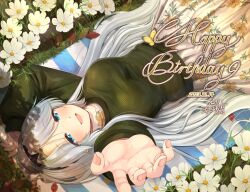 Rule 34 | 1girl, blue eyes, breasts, bug, butterfly, byougaku, clannad, day, english text, flower, hairband, happy birthday, insect, large breasts, long hair, looking at viewer, outdoors, outstretched arm, reaching, reaching towards viewer, sakagami tomoyo, skirt, smile, solo, sweater, white hair