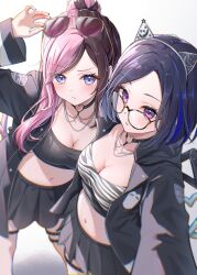 2girls animal_ears arm_up black-framed_eyewear black_choker black_jacket black_shirt black_skirt blue_eyes blue_hair blurry breasts brown_hair choker cleavage commentary_request crop_top depth_of_field eyewear_on_head fake_animal_ears from_above glasses hairband heart heart_choker highres ichinose_uruha jacket long_hair long_sleeves looking_at_viewer looking_over_eyewear medium_breasts midriff miniskirt multicolored_hair multiple_girls navel open_clothes open_jacket outstretched_arm parted_bangs parted_lips pink_hair pleated_skirt ponytail purple_eyes raised_eyebrow shirt short_hair simple_background skirt split-color_hair stomach streaked_hair striped_clothes striped_shirt sunglasses tachibana_hinano thigh_strap toki_(toki_ship8) two-tone_hair virtual_youtuber vspo! white_background