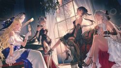 4girls aerial_fireworks alternate_costume antenna_hair arm_support bare_back black_dress black_hair blonde_hair blue_eyes breasts bridal_gauntlets carlotta_(wuthering_waves) champagne_flute cleavage collar commentary couch crossed_legs cup curled_horns curtains detached_sleeves dress drinking_glass earrings english_commentary evening_gown female_rover_(wuthering_waves) fireworks frilled_collar frills grand_piano grey_hair grin hat high_heels highres holding holding_cup horns indoors instrument jewelry kei_(keiuu) large_breasts leaning_back long_hair looking_to_the_side multiple_girls phoebe_(wuthering_waves) piano red_eyes rover_(wuthering_waves) side_slit sitting smile standing thighhighs white_dress window wuthering_waves yellow_eyes zani_(wuthering_waves)