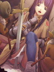 1girl baphomet_jr blue_thighhighs dark_matrix highres imminent_rape long_hair monster moonshell open_mouth panties purple_hair ragnarok_online sword swordsman_(fgo516824681) thighhighs underwear weapon you_gonna_get_raped