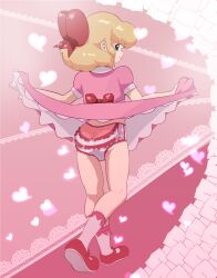 1girl ass blonde_hair blue_eyes bow clothes_lift dress dress_lift from_behind hair_bow heart heart_background lace lace-trimmed_panties lace_trim loli looking_at_viewer looking_back mother_(series) mother_2 nintendo panties paula_(mother_2) pink_background pink_dress pink_panties pink_socks puffy_sleeves red_bow red_shoes rommi shoes short_hair short_sleeves smile socks sparkle standing underwear waist_bow