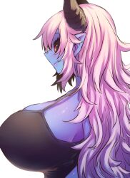 1girl alternate_costume aohada_bocchi black_horns black_sclera black_tank_top blue_skin blush breasts cleavage closed_mouth colored_sclera colored_skin demon_girl demon_horns from_side highres horns huge_breasts long_hair nose pointy_ears pointy_nose profile red_eyes ruri_(aohada_bocchi) sideboob smile solo tank_top upper_body white_background white_hair zyugoya