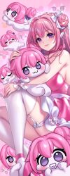 1girl :3 ;3 absurdres armpit_crease bare_shoulders blush bow breasts choker closed_eyes closed_mouth doro_(nikke) dorothy_(nikke) dress drooling fingernails garter_straps goddess_of_victory:_nikke hair_bow hair_bun hair_intakes hair_ribbon high_heels highres korean_commentary large_breasts legwear_garter long_hair looking_at_viewer nail_polish neck_ribbon o3o one_eye_closed open_mouth pink_background pink_choker pink_dress pink_eyes pink_hair pink_lips pink_nails pink_ribbon pink_shoes purple_bow ribbon shoes single_side_bun tearing_up thigh_bow thighhighs thighs toriseru_(rare_stone) white_bow white_garter_straps white_ribbon white_thighhighs white_wrist_cuffs wrist_cuffs zipper