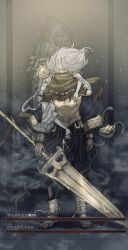 2boys ankle_boots arm_on_another&#039;s_shoulder armor bandaged_foot bandages black_sleeves boots brown_neckerchief carrying chinese_text colored_skin commentary crown dark-skinned_male dark_skin dark_souls_(series) dark_souls_i dark_souls_iii dark_sun_gwyndolin dress electricity english_commentary full_body gold_armor gold_crown gold_headwear gold_trim grey_hair grey_skin health_bar highres holding holding_staff holding_sword holding_weapon light_particles long_hair looking_to_the_side male_focus multiple_boys nameless_king neckerchief piggyback snake staff standing sunlight sword translation_request trap tworain_w weapon white_dress wide_sleeves