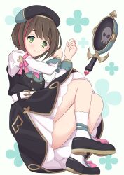 1girl absurdres belt beret black_dress black_hat black_shoes bow brown_hair closed_mouth dress footwear_bow from_above frying_pan full_body green_eyes green_hat green_sleeve_cuffs hat highres long_sleeves looking_at_viewer lying multicolored_hair nattsu_(nattsu_shiro) on_side pink_streaks princess_connect! shirt shoes skirt skull_print sleeve_cuffs smile socks solo streaked_hair two-tone_hat wakana_(princess_connect!) white_belt white_shirt white_skirt white_socks