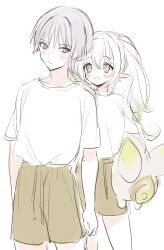 1boy 1girl aged_up alternate_costume alternate_height alternate_universe arms_at_sides blunt_ends blush clenched_hand collarbone contemporary cross-shaped_pupils drawstring genshin_impact gradient_hair green_eyes green_hair gym_shorts hair_between_eyes hair_intakes hetero highres hirarinoie holding holding_stuffed_toy light_blush looking_at_another monochrome multicolored_hair nahida_(genshin_impact) neo_akasha_terminal open_mouth pointy_ears scaramouche_(genshin_impact) shirt short_sleeves shorts side-by-side side_ponytail sidelocks sideways_glance sketch stuffed_toy symbol-shaped_pupils t-shirt tongue