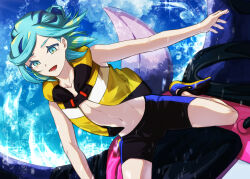 1boy :d alternate_costume aqua_eyes aqua_hair bare_arms black_shorts cloud collarbone commentary_request day eyelashes flippers grusha_(pokemon) happy lower_teeth_only male_focus min_(myna8247) navel nintendo open_mouth outdoors pokemon pokemon_sv shorts sitting sky smile solo sparkle spread_legs teeth tongue water water_drop