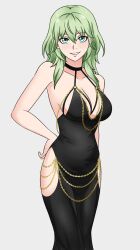 1girl alisa_(vallurite) alternate_costume bare_arms bare_shoulders black_choker black_dress breasts female_byleth_(fire_emblem) chain choker cleavage commentary dress english_commentary feet_out_of_frame fire_emblem fire_emblem:_three_houses gold_chain green_eyes green_hair grey_background grin highres large_breasts long_hair looking_at_viewer meme_attire modakawa_dress nintendo simple_background sleeveless sleeveless_dress smile solo standing