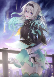 1girl :d arms_behind_back black_hairband blue_hair edelweiss_(wsparkz) firefly_(honkai:_star_rail) floating_hair from_behind gradient_hair green_skirt green_thighhighs grey_hair hair_between_eyes hairband head_tilt highres honkai:_star_rail honkai_(series) long_sleeves looking_at_viewer looking_back miniskirt multicolored_hair open_mouth purple_eyes short_hair skirt sky smile solo star_(sky) starry_sky sunrise thighhighs zettai_ryouiki