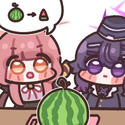 2girls aru_(blue_archive) blue_archive blush_stickers bugi_33 chibi chibi_only food fruit halo haruka_(blue_archive) multiple_girls speech_bubble table thought_bubble watermelon white_background