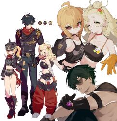 1boy 2girls absurdres bare_shoulders black_boots black_gloves black_hair black_jacket blonde_hair boots breasts candy choker closed_mouth commentary crop_top detached_pants detached_sleeves food gloves goggles goggles_around_neck green_eyes green_hair hair_between_eyes hair_ornament helmet high_heel_boots high_heels highres holding holding_candy holding_food holding_lollipop jacket lighter_(zenless_zone_zero) lollipop luciana_de_montefio mask mask_around_neck midriff multiple_girls multiple_views one_eye_closed orange_gloves pants piper_wheel red_choker red_eyes red_scarf sa_tsuko scarf side_ponytail simple_background small_breasts spiked_jacket standing sunglasses symbol-only_commentary torn_clothes twitter_username white_background zenless_zone_zero