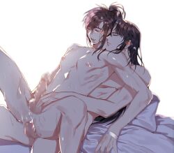 Rule 34 | 2boys, anal, bed sheet, black hair, blush, brown hair, censored, closed eyes, closed mouth, completely nude, cum, cum in ass, cum on ass, cum on body, cum on male, ejaculation, erection, highres, jujeop, lan wangji, long hair, male focus, modao zushi, mosaic censoring, multiple boys, nipples, nude, on bed, open mouth, pectorals, penis, pillow, ponytail, reverse upright straddle, saliva, sex, sex from behind, shiny skin, sidelocks, sitting, sitting on lap, sitting on person, spread legs, sweat, testicles, wei wuxian, wet, white background, yaoi
