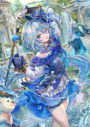 1boy 1girl alternate_costume ascot asymmetrical_gloves bare_shoulders black_gloves black_straps blubberbeast_(genshin_impact) blue_dress blue_eyes blue_gemstone blue_hair blue_headwear breasts detached_collar dress drop-shaped_pupils floating_hair frills furina_(genshin_impact) gem genshin_impact gloves gradient_ascot hat highres holding holding_sword holding_weapon left-handed leisurely_otter_(genshin_impact) long_hair long_sleeves looking_at_viewer low-tied_long_hair mismatched_pupils neuvillette_(genshin_impact) off_shoulder open_mouth otter revision small_breasts smile solo_focus sword symbol-shaped_pupils thigh_strap top_hat torino_aqua weapon white_gloves