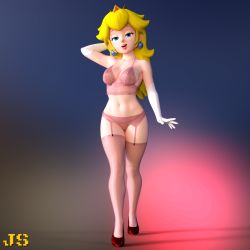 1girl 3d blonde_hair blue_eyes bra breasts crown daz_studio_(medium) earrings elbow_gloves eyelashes frilled_bra frills garter_belt garter_straps gloves half-closed_eyes high_heels highres jewelry jonysambel large_breasts lingerie lips long_hair mario_(series) navel nintendo panties princess_peach seductive_smile shoes simple_background smile thighhighs underwear white_gloves