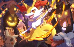 1other braixen commentary creatures_(company) fang fire furry game_freak gen_6_pokemon gen_7_pokemon gourgeist greavard holding mimikyu nintendo open_mouth orange_eyes outdoors pokemon pokemon_(creature) pumpkaboo smile stick tail tongue tongue_out tree wataame4907