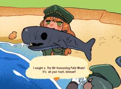 Rule 34 | 2girls, ahab (project moon), animal, animal crossing, beach, english text, green eyes, green hat, green pants, grey hair, hat, highres, holding, holding animal, ishmael (project moon), limbus company, long hair, lying, multiple girls, nintendo, ocean, on side, orange hair, pants, peaked cap, pequod (identity) (project moon), project moon, seashell, shell, the pallid whale, water, yongsadragon