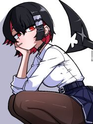 black_choker black_hair breasts brown_pantyhose candy choker collared_shirt ear_piercing ellen_joe ellen_joe_(on_campus) fins fish_tail food from_side hair_between_eyes hair_ornament hairclip hand_on_own_cheek hand_on_own_face jaggy_lines ji_heeeeeee large_breasts lollipop lollipop_in_mouth looking_at_viewer miniskirt pantyhose piercing pleated_skirt red_eyes red_hair shark_girl shark_tail shirt short_hair simple_background skirt tail twitter_username white_shirt zenless_zone_zero
