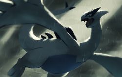blurry commentary_request creatures_(company) fang flying game_freak gen_2_pokemon highres legendary_pokemon light_beam looking_to_the_side lugia nintendo no_humans one-hour_drawing_challenge open_mouth outdoors pokemon pokemon_(creature) rain rend skin_fang solo tongue