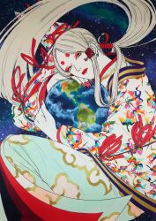 Rule 34 | 1girl, 59awakadoy, absurdres, blonde hair, circle facial mark, closed mouth, commentary request, earth (planet), eyeshadow, facial mark, feet out of frame, fingernails, forehead mark, head rest, highres, holding planet, japanese clothes, kimono, long fingernails, long hair, long sleeves, looking at viewer, makeup, nail polish, original, parted bangs, phoenix print, planet, ponytail, print kimono, red eyeshadow, red lips, red nails, sharp fingernails, solo, space, star (sky), traditional media, very long hair, white kimono, wide sleeves