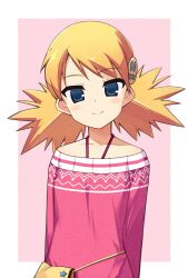 Rule 34 | 1girl, 2000s (style), arms behind back, bag, bare shoulders, blank eyes, blonde hair, blue eyes, blush, border, bra strap, dot nose, haiteku, highres, long sleeves, looking at viewer, medium hair, off-shoulder sweater, off shoulder, pink background, pink sweater, sasamori karin, short twintails, smile, solo, standing, sweater, to heart (series), to heart 2, twintails, upper body, white border