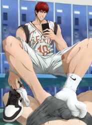 1boy absurdres bara blurry blurry_background blurry_foreground boxer_briefs bulge cellphone cellphone_photo clothes_lift cum depth_of_field erection erection_under_clothes feet footjob gym_uniform highres holding holding_phone jacket kagami_taiga kuroko_no_basuke legs locker locker_room looking_at_phone male_focus male_underwear muscular muscular_male nervous_sweating non-web_source pectorals phone photo_background red_eyes red_hair selfie shoes short_hair shorts smartphone smile sneakers socks sportswear sweat thighs track_jacket trembling underwear