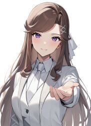 Rule 34 | 1girl, absurdres, arm at side, blush, breasts, brown hair, buttons, collared shirt, commentary request, fingernails, hair ornament, hair ribbon, hand up, highres, jacket, light smile, lilimaya, long hair, long sleeves, looking at viewer, medium breasts, necktie, offering hand, open clothes, open jacket, outstretched arm, parted bangs, parted lips, purple eyes, reaching, reaching towards viewer, ribbon, shirt, shoujo kageki revue starlight, sidelocks, simple background, solo, tendou maya, upper body, very long hair, vest, white background, white jacket, white necktie, white ribbon, white shirt, white vest, x hair ornament