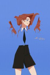 1girl black_necktie black_shorts blending blue_background blue_eyes brown_hair closed_mouth commentary cowboy_shot freckles hands_in_own_hair highres long_hair looking_to_the_side marvel mayday_parker necktie shorts signature smile solo spider-man:_across_the_spider-verse spider-man_(series) spider-verse spiderbbac