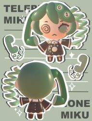 1girl 3d absurdres alternate_costume alternate_hairstyle blush cable_hair chibi chibi_only circle_hair_ornament corded_phone detached_sleeves dress english_text green_hair hatsune_miku highres lavy_(lavnko) multiple_views number_hair_ornament outline phone sparkle twintails vocaloid white_outline