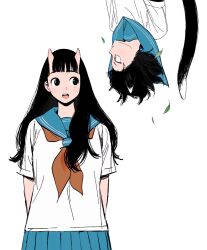 2girls animal_ears black_eyes blue_skirt blunt_bangs cat_ears cat_girl cat_tail chipped_tooth contemporary dungeon_meshi eye_contact frs2 highres horns inutade izutsumi leaf long_hair looking_at_another mole mole_under_eye multiple_girls neckerchief oni oni_horns open_mouth pleated_skirt profile red_neckerchief sailor_collar_lift school_uniform serafuku short_hair short_sleeves sideways_glance simple_background sketch skirt tail upper_body upside-down white_background yellow_eyes