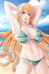 Rule 34 | 1girl, adapted costume, arms behind head, aslindsamure, beach, bikini, blush, breasts, brown eyes, cloud, collarbone, cowboy shot, green bikini, large breasts, long hair, looking at viewer, nami (one piece), nami (one piece) (return to sabaody), navel, ocean, one piece, outdoors, patreon username, shoulder tattoo, smile, striped bikini, striped clothes, swimsuit, tattoo, water