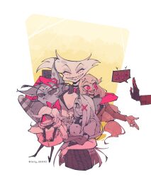 3boys 3girls alastor_(hazbin_hotel) angel_dust charlie_morningstar demon_boy demon_girl dress extra_arms formal_clothes grin happy hazbin_hotel highres hug husk_(hazbin_hotel) jelly_bear2 long_hair looking_at_another multiple_boys multiple_girls niffty_(hazbin_hotel) sharp_teeth smile suit teeth vaggie