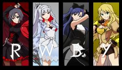 Rule 34 | 4girls, acronym, ahoge, amazing-c, antenna hair, bare shoulders, black border, black hair, blake belladonna, blake belladonna (cosplay), blonde hair, blue hair, border, breasts, brown eyes, cape, column lineup, copyright name, cosplay, cross, crossover, dress, expressionless, fingerless gloves, gloves, green eyes, hairband, head tilt, hoshii miki, idolmaster, idolmaster (classic), jewelry, kikuchi makoto, kisaragi chihaya, long hair, looking at viewer, multiple girls, necklace, pantyhose, purple eyes, ruby rose, ruby rose (cosplay), rwby, shijou takane, short hair, short shorts, shorts, silver hair, skirt, smile, standing, sword, text focus, thighs, weapon, weiss schnee, weiss schnee (cosplay), white dress, yang xiao lang (cosplay), yang xiao long, yang xiao long (cosplay)