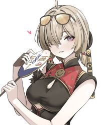 1girl ahoge blonde_hair china_dress chinese_clothes cleavage_cutout clothing_cutout cutout_above_navel dress eyewear_on_head gloves hair_intakes hair_over_one_eye hand_fan heart open_mouth pink_eyes se34tai short_hair short_twintails single_glove sleeveless solo sunglasses twintails upper_body zenless_zone_zero