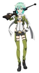 1girl blue_hair gun official_art rifle short_shorts shorts sinon sniper_rifle sword_art_online tagme weapon