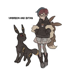 Rule 34 | 1girl, absurdres, backpack, bag, black-framed eyewear, black boots, black hoodie, boots, brown bag, character name, closed mouth, commentary request, gen 2 pokemon, glasses, hands in pockets, highres, hood, hood down, hoodie, ichi kawa ichi, multicolored hair, nintendo, pantyhose, penny (pokemon), pokemon, pokemon (creature), pokemon sv, red hair, round eyewear, see-through clothes, see-through skirt, short hair, shorts, shorts under skirt, skirt, standing, two-tone hair, umbreon, white background