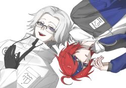 2boys ahoge aotsuki_eito black_gloves blue_eyes blue_hair drawstring glasses gloves long_sleeves looking_at_viewer lying male_focus messy_hair multicolored_hair multiple_boys on_back open_mouth parted_hair red_eyes red_hair sumino_takumi teeth the_hundred_line_-last_defense_academy- upper_teeth_only white_background white_hair zipper zipper_pull_tab