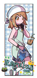 1girl absurdres artist_name bare_arms blue_background blue_shorts border bracelet brown_hair bubble_tea character_name chromatic_aberration closed_mouth cup disposable_cup dot_mouth drink drinking_straw foot_out_of_frame from_side green_shirt hand_in_pocket hand_up headphones headphones_around_neck headscarf hei_de_yang_sheep highres holding holding_headphones jewelry leg_up official_alternate_costume orange_eyes plaid_background print_shorts regulus_(reverse:1999) reverse:1999 shirt shoes shorts sleeveless sleeveless_shirt socks solo standing standing_on_one_leg star_(symbol) star_bracelet star_print white_border white_headscarf white_shoes white_socks