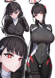 1girl :&lt; absurdres aoi_riko black_bodysuit black_coat black_gloves black_hair black_jacket blue_archive blunt_bangs blush bodysuit breasts bright_pupils buttons close-up closed_mouth coat commentary dot_nose double-breasted floating_hair gloves hair_behind_ear hair_ornament halo hand_in_own_hair head_tilt high_ponytail highres holding holding_tablet_pc holster huge_breasts impossible_bodysuit impossible_clothes jacket lapels large_breasts long_hair long_sleeves looking_at_viewer multiple_views notched_lapels official_alternate_costume official_alternate_hairstyle outline parted_lips ponytail red_eyes ribbed_sweater ringed_eyes rio_(blue_archive) rio_(bodysuit)_(blue_archive) simple_background single_sidelock skin_tight skindentation snow standing sweater tablet_pc taut_clothes taut_jacket thigh_gap thigh_holster turtleneck turtleneck_sweater very_long_hair white_background white_outline white_pupils white_sweater