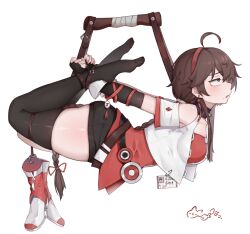 1girl ahoge bare_shoulders beiji_shayu black_gloves black_thighhighs bound bound_arms bound_legs braid breasts brown_eyes brown_hair collar collarbone elbow_gloves feet fingerless_gloves gloves hogtie legs looking_to_the_side medium_breasts restrained shorts skindentation suspension thighhighs thighs vocaloid yuezheng_ling