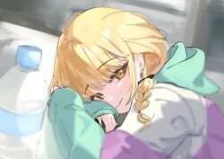 1girl arms_on_table blonde_hair bottle braid closed_mouth commentary fujita_kotone gakuen_idolmaster gggggg hood hoodie idolmaster long_sleeves looking_at_viewer smile solo upper_body water_bottle yellow_eyes