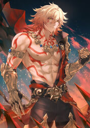 1boy abs arm_tattoo armlet armor bare_pectorals black_coat black_pants blonde_hair braid cape chest_tattoo clawed_gauntlets clenched_hand coat commentary cowboy_shot earrings english_commentary facial_tattoo gold_earrings gold_necklace gradient_hair hair_between_eyes highres honkai:_star_rail honkai_(series) jewelry male_focus medium_hair multicolored_hair mydei_(honkai:_star_rail) necklace open_clothes open_coat pants pauldrons pectorals red_cape red_hair red_tattoo shirashura shoulder_armor side_braid side_cape single_pauldron solo tattoo toned toned_male yellow_eyes