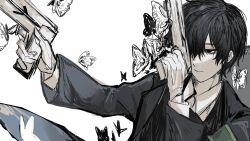 Rule 34 | 1boy, absurdres, ajiu (s31618533), animal print, armband, black butterfly, black eyes, black hair, black suit, bug, butterfly, coffin, collared shirt, dual wielding, e.g.o (project moon), formal clothes, gloves, green armband, gun, highres, holding, holding gun, holding weapon, insect, light frown, limbus company, long sleeves, project moon, shirt, short hair, solemn lament (e.g.o), solo, suit, weapon, white background, white butterfly, white gloves, white shirt, yi sang (project moon)