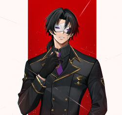 Rule 34 | 1boy, black gloves, black hair, black shirt, black suit, buttons, cid kagenou, collar, collared shirt, cropped torso, fingerless gloves, formal clothes, gloves, gold, grin, highres, john smith (cid kagenou), kage no jitsuryokusha ni naritakute!, logo, looking at viewer, male focus, mask, medium hair, necktie, nervi fd, purple necktie, shirt, smile, string, suit, teeth, torso