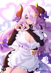 Rule 34 | absurdres, apron, blue eyes, blush, breasts, cleavage, cleavage cutout, clothing cutout, draph, granblue fantasy, hair ornament, hair over one eye, heart, heart background, heart hands, highres, horns, huge breasts, long hair, looking at viewer, narmaya (granblue fantasy), narmaya (valentine) (granblue fantasy), purple hair, ribbon, ssss22snake, sweater