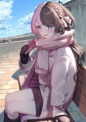 2girls 3boys alternate_costume bench black_mittens blue_eyes blue_sky braid brown_hair brown_skirt cloud coat day enpera feet_out_of_frame gift hair_ribbon highres holding holding_gift kneehighs light_blush long_hair long_sleeves looking_at_viewer looking_to_the_side miniskirt mittens multicolored_hair multiple_boys multiple_girls nemoto_yuuma open_clothes open_coat open_mouth outdoors parted_lips pink_coat pink_hair pink_ribbon pink_scarf ribbon scarf sitting skirt sky smile socks solo_focus split-color_hair sweater tachibana_hinano virtual_youtuber vspo!