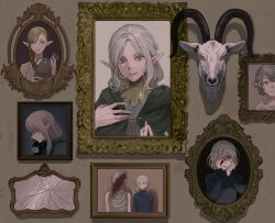 Rule 34 | 2boys, 2girls, bishounen, black shirt, blonde hair, blood, blood on face, braid, braided ponytail elf (dungeon meshi), broken mirror, brothers, cloak, covering one eye, dungeon meshi, elf, goat, goat (dungeon meshi), green cloak, grey eyes, grey hair, head-mounted display, highres, holding pitcher, hood, hood down, hooded cloak, long hair, long sleeves, looking at viewer, looking down, milsiril (dungeon meshi), mirror, mithrun, mithrun&#039;s brother, mithrun (young), multiple boys, multiple girls, pitcher (container), pointy ears, portrait (object), shirt, short hair, siblings, smile, stuffed animal, stuffed cat, stuffed toy, xiiiiiiiii