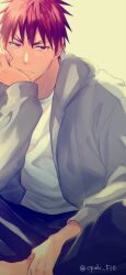 1boy black_pants closed_mouth colorpanther commentary_request crew_neck forked_eyebrows grey_jacket hand_on_own_chin hand_on_own_foot head_rest hood hooded_jacket jacket kagami_taiga kuroko_no_basuke long_sleeves looking_to_the_side male_focus open_clothes open_jacket pants red_eyes red_hair shirt short_hair sideways_glance sitting solo white_shirt