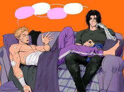 2boys arrow_(projectile) bandaid bandaid_on_arm bandaid_on_cheek bandaid_on_face bandaid_on_finger bandaid_on_forehead bandaid_on_hand bandaid_on_nose bare_shoulders barefoot black_hair black_pants black_shirt blanket blonde_hair blue_eyes brown_hair bucky_barnes chips_(food) clint_barton closed_mouth couch facial_hair food hand_on_own_face hand_up hdhaiajhc highres holding holding_food looking_afar looking_at_another lying marvel messy_hair multiple_boys muscular muscular_male on_back on_couch one_eye_closed open_mouth orange_background package pants pectorals pillow prosthesis prosthetic_arm purple_pants shirt short_hair short_sleeves simple_background sitting speech_bubble t-shirt talking teeth topless_male track_pants